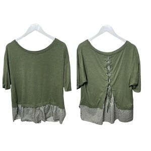 NWT Sanctuary Layered Look Short Sleeve Lace Up Back Top Olive SZ XL